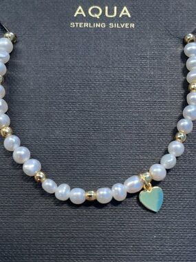 Aqua Sterling Silver Freshwater Pearl  Heart Charm Bracelet NWT Stretch